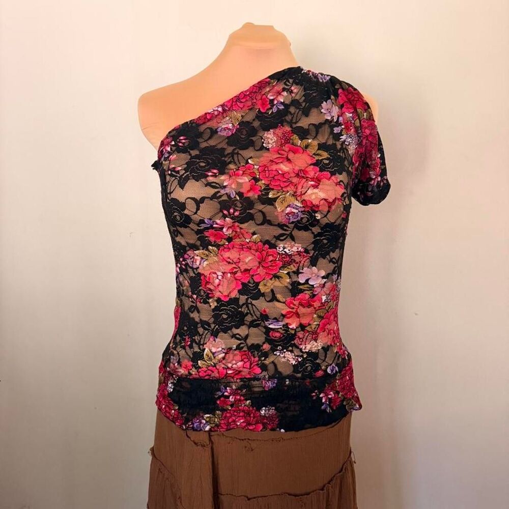 Aviva Black Floral Lace Print One Shoulder Top Size L